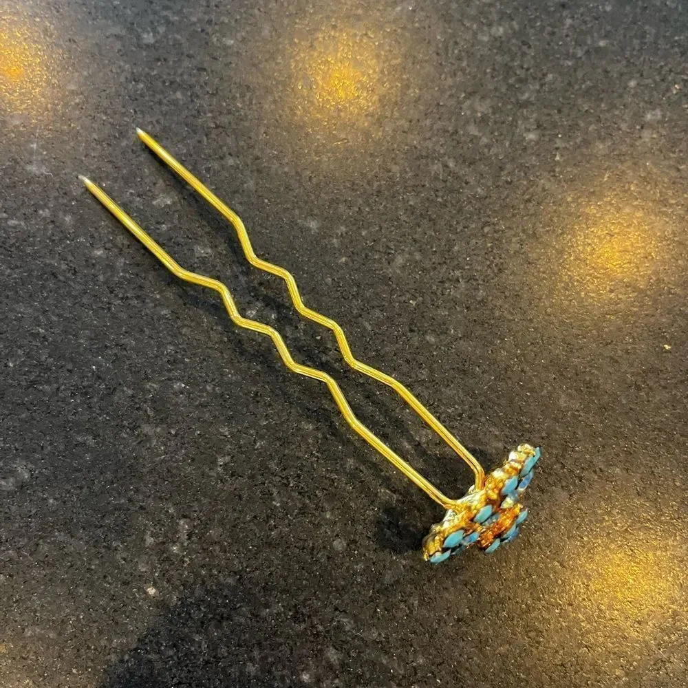 Hair pin Lovely Jewelry Turquoise Crystal Elegant flower Gold Tone